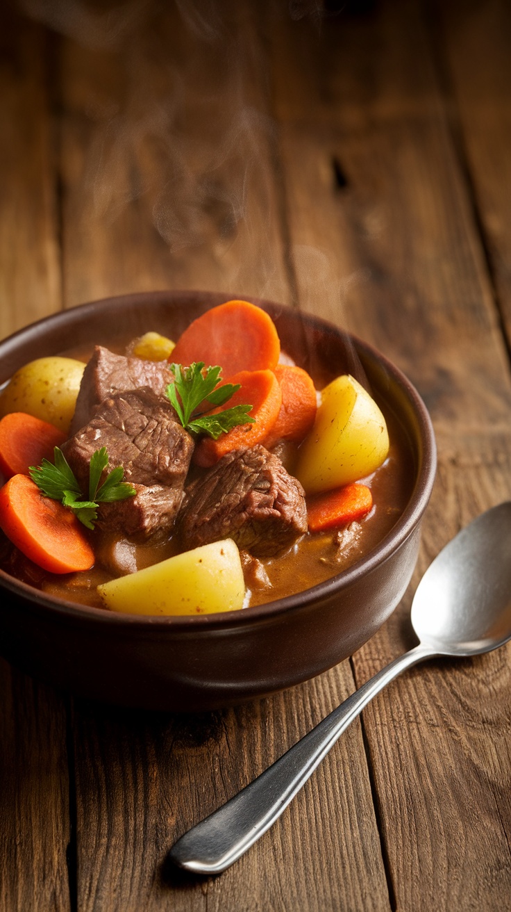 A cozy bowl of beef stew with beef, golden potatoes, and carrots, garnished with parsley on a wooden table.